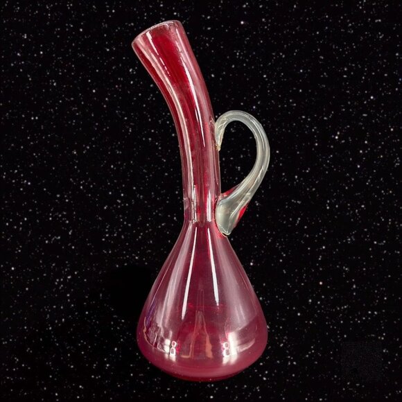 Hand Blown Art Glass Vase Ruby Red Clear Handle Hand Made Vintage Glass Jug - Picture 15 of 15